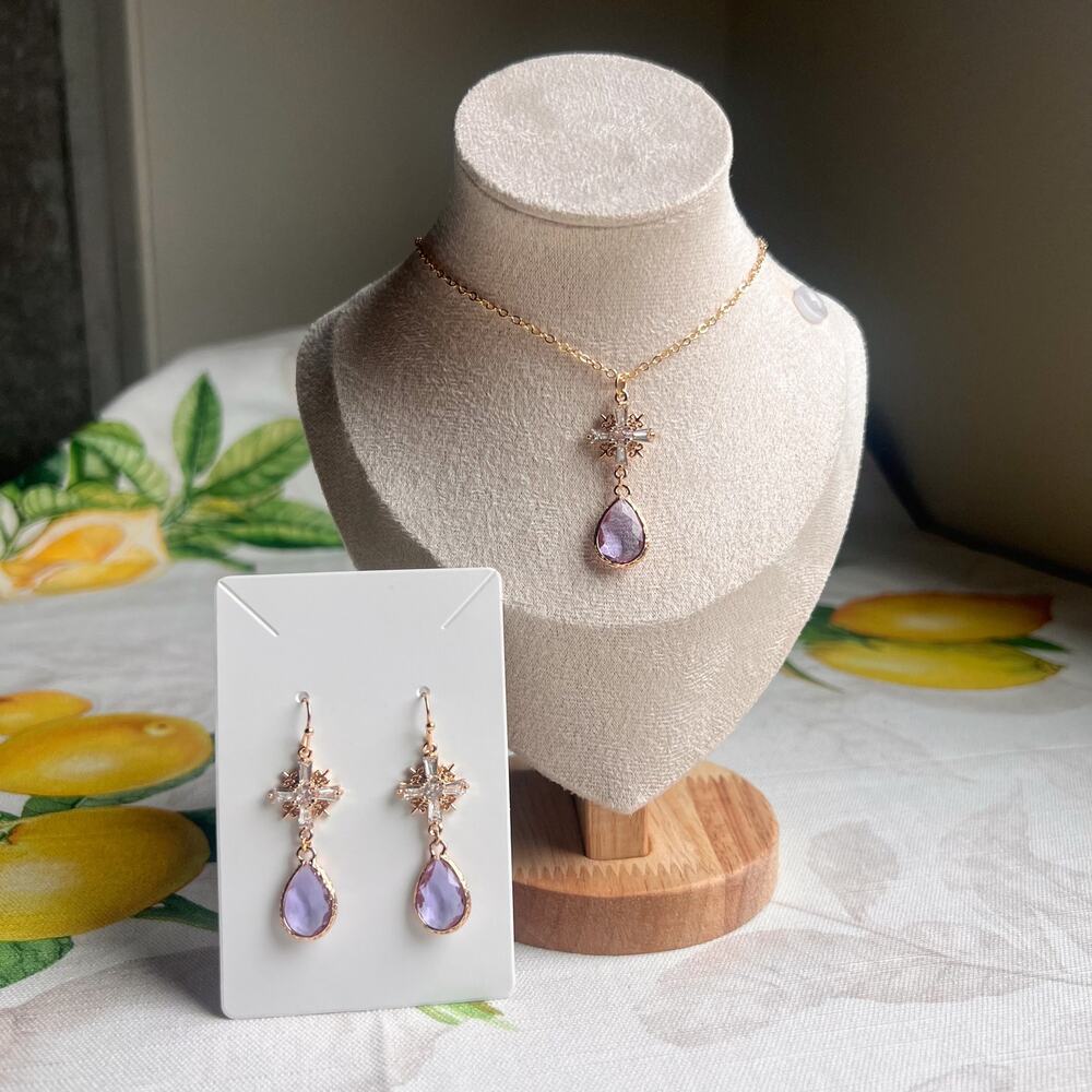 Jewelry Set Lavender Amethyst Crystal Cross Shaped Boho Bohemian Elegant Casual